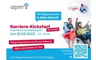 Werbegrafik zur Veranstaltung „Karriere-Kickstart – finde deinen Ausbildungsplatz für Azubis“ der apm Pflegeschule am 16.09.2023 von 13 bis 16 Uhr in Heinsberg. Angeboten werden Pflege-Erlebnisse via VR und SkillsLab sowie kostenloses BBQ und Getränke. Abgebildet ist ein junger Mann, der eine fröhliche Person im Rollstuhl begleitet. Logos der apm und Pflegedienste Kuijpers sind oben zu sehen. QR-Code für weitere Infos und Anmeldung ist enthalten.