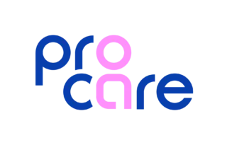 Logo der Marke ‚pro care‘ in moderner Kleinbuchstaben-Typografie auf transparentem Hintergrund. Die Buchstaben ‚p‘, ‚r‘, ‚c‘, ‚a‘ und ‚e‘ sind dunkelblau, das ‚o‘ und das stilisierte ‚a‘ in der Mitte sind rosa eingefärbt und bilden zusammen eine abstrakte menschliche Figur