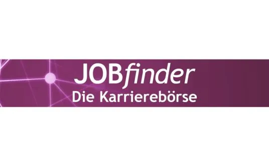 Logo der Karrieremesse JOBfinder. Weißer Schriftzug auf violettem Hintergrund: ‚JOBfinder – Die Karrierebörse‘. Im Hintergrund verlaufen leuchtende Netzwerklinien mit einem Knotenpunkt.
